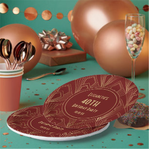 Art Deco Burgund & Gold 40. Geburtstagsfeier Pappteller
