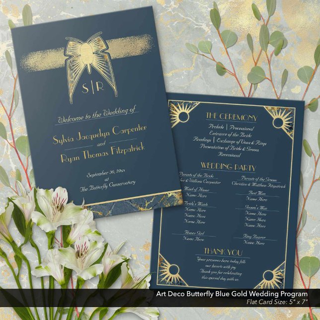 Art Deco Butterfly Blue Gold Hochzeitsprogramm Save The Date (Art Deco Butterfly Navy Blue and Antique Gold Wedding Ceremony Program: 5" x 7" Flat Card)