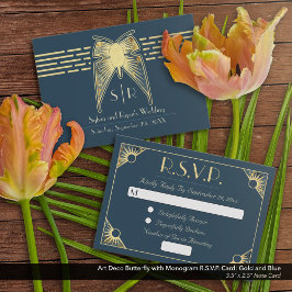 Art Deco Butterfly Blue Gold RSVP Mitteilungskarte