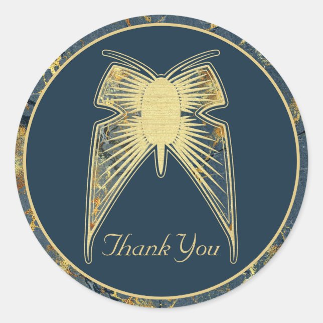 Art Deco Butterfly "Danke" Blue Gold Marmor Runder Aufkleber (Vorderseite)