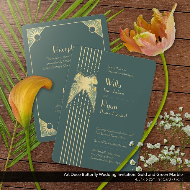 Art Deco Butterfly Grün und Gold Hochzeit Einladung (Art Deco Butterfly Green and Gold Wedding Invitation - Front)