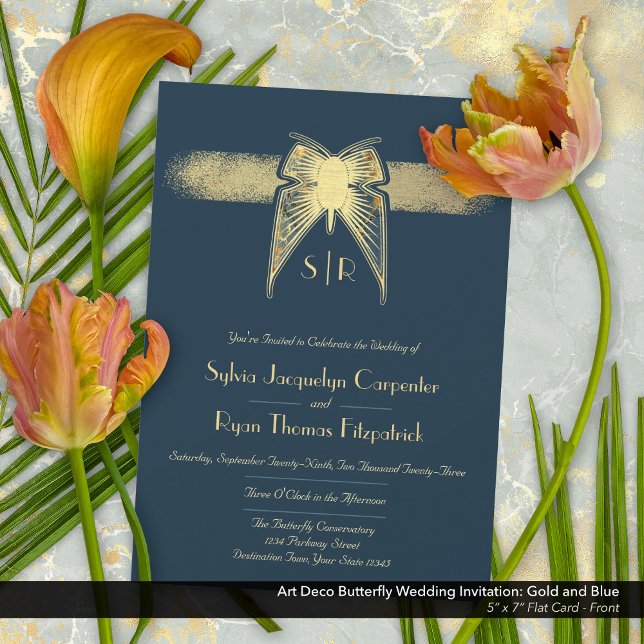 Art Deco Butterfly Monogram Blue and Gold Wedding Einladung (Art Deco Butterfly Monogram Blue and Gold Wedding Invitation - Front)