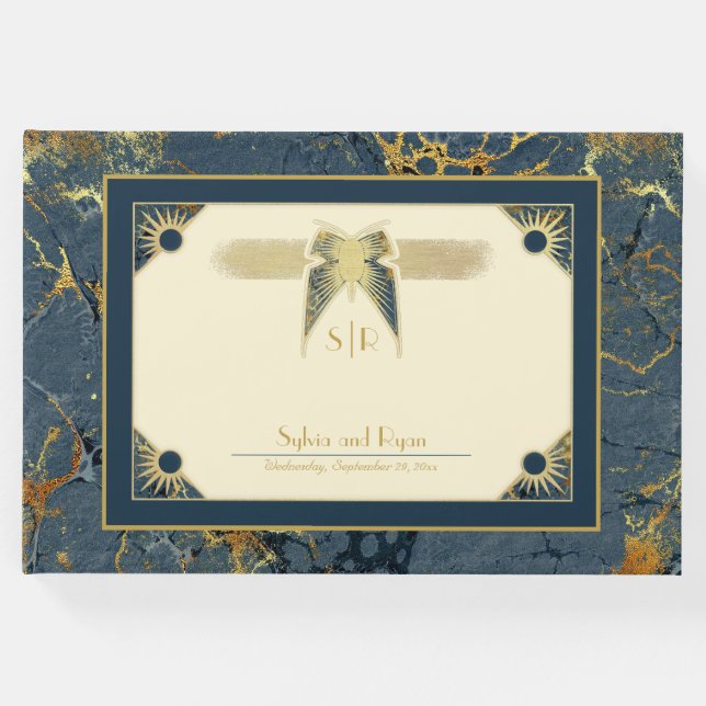 Art Deco Butterfly Monogram Blue and Gold Wedding Gästebuch (Vorderseite)