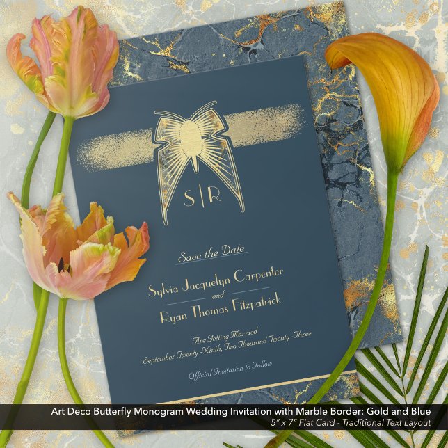 Art Deco Butterfly Monogram Blue and Gold Wedding Save The Date (Art Deco Butterfly Wedding Save-the-Date Card with Traditional Text Layout)