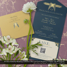 Art Deco Butterfly Monogram Blue Gold Hochzeit