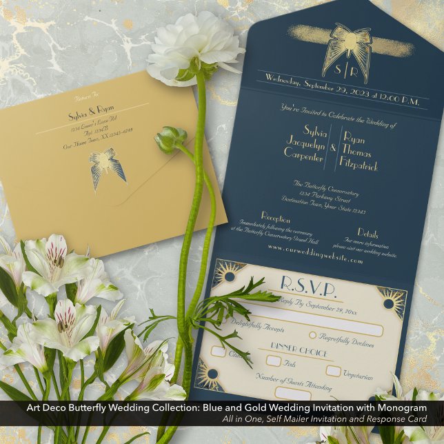 Art Deco Butterfly Monogram Blue Gold Hochzeit All In One Einladung (Art Deco Butterfly All In One Wedding Invitation: Blue and Gold with a Monogram.)