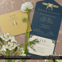 Art Deco Butterfly Monogram Blue Gold Hochzeit