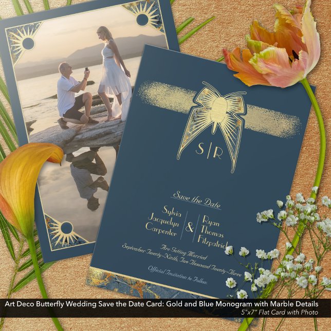 Art Deco Butterfly Monogram Foto Blue Gold Save The Date (Art Deco Butterfly Save the Date Card with Monogram: Blue and Gold )