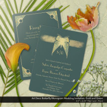 Art Deco Butterfly Monogram Green Gold Hochzeit