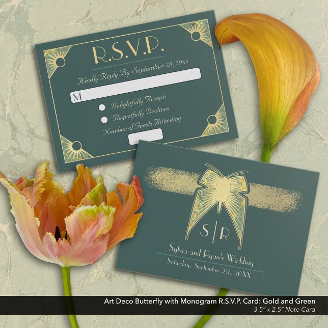 Art Deco Butterfly Monogram Green Gold UAWG Mitteilungskarte (Art Deco Butterfly Monogram Green and Gold Response/RSVP Note Card)
