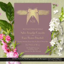 Art Deco Butterfly Monogram Pink and Gold Wedding