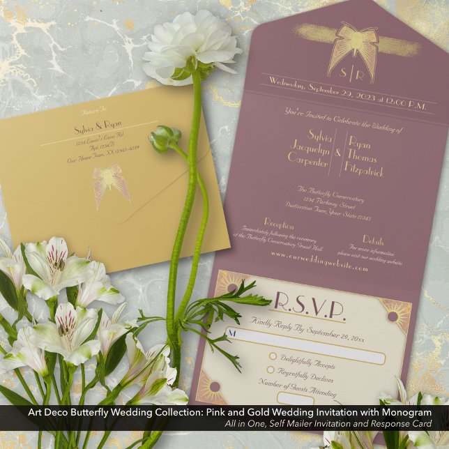 Art Deco Butterfly Monogram Pink Gold Hochzeit All In One Einladung (Art Deco Butterfly All In One Wedding Invitation: Antique Gold and Dusty Pink/Mauve with Monogram.)