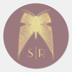 Art Deco Butterfly Monogram Pink Gold Runder Aufkleber