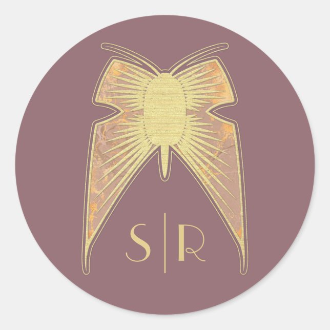 Art Deco Butterfly Monogram Pink Gold Runder Aufkleber (Vorderseite)