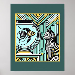 Art Deco Cat and Fish Encounter - Neugierige Augen Poster