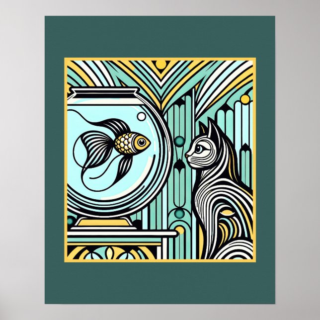 Art Deco Cat and Fish Encounter - Neugierige Augen Poster (Vorne)
