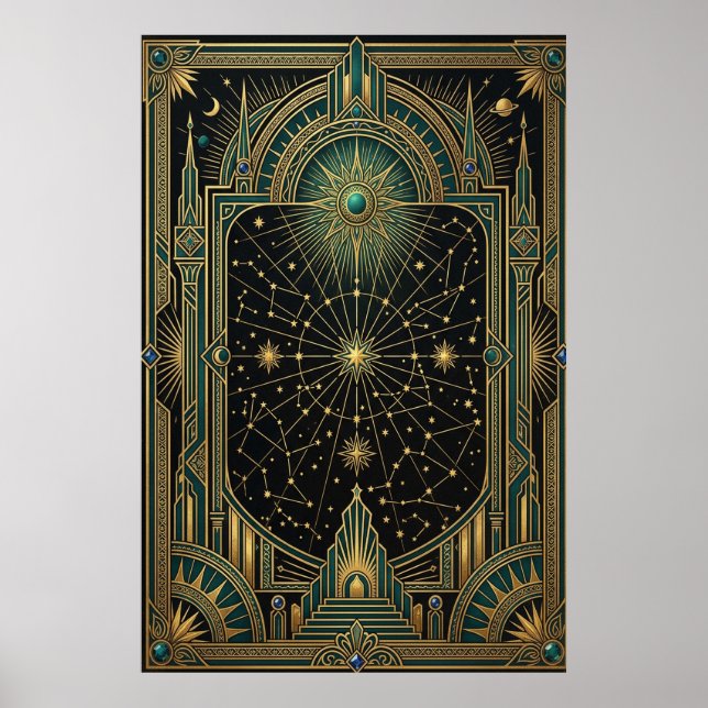 Art Deco Celestial Star Map Poster | Gold Teal (Vorne)