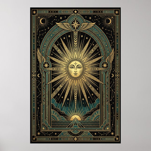 Art Deco Celestial Sun Face Poster | Gold Teal (Vorne)