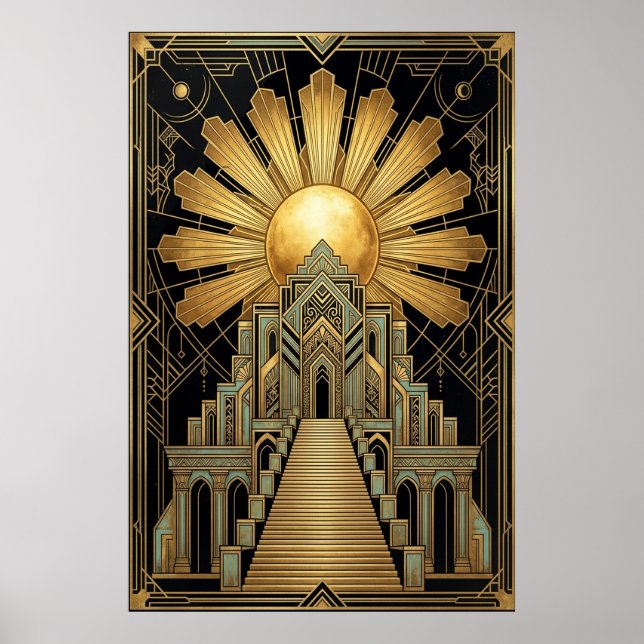 Art Deco Celestial Temple Poster | Gold Sunburst  (Vorne)