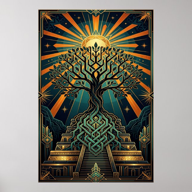 Art Deco Celtic Tree of Life Pyramid Gold Teal  Poster (Vorne)