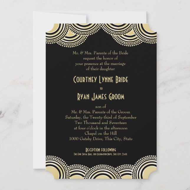 Art Deco Center Bühne Gold und Black Wedding Einladung (Vorderseite)