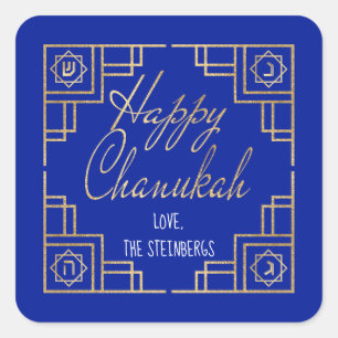 Art Deco Chanukkah Blau und Gold Design Quadratischer Aufkleber