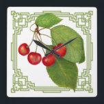 Art Deco Cherry Square Uhr<br><div class="desc">Vintage FruchtIllustration aus Rotkirsche mit Blätter und der Grenze zum Grünen Art Déco.</div>