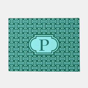 Art Deco Chinesisches Gitter, Türkis und Aquamarin Fußmatte