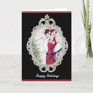 Art Deco Christmas Flapper Woman in Red Feiertagskarte