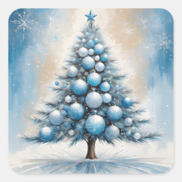 Art Deco Christmas Tree Blue Luxuriöse Ornamente Quadratischer Aufkleber