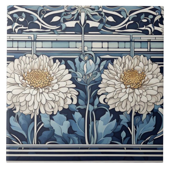 Art Deco chrysanthema Blume Art Nouveau Blue Fliese (Vorderseite)