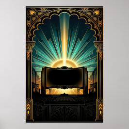 Art Deco Cinema Popcorn Machine Gold & Teal Poster