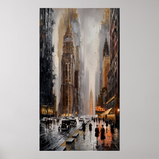 Art Deco Cityscape: Wasserstraßen und Wolkenkratze Poster (Vorne)
