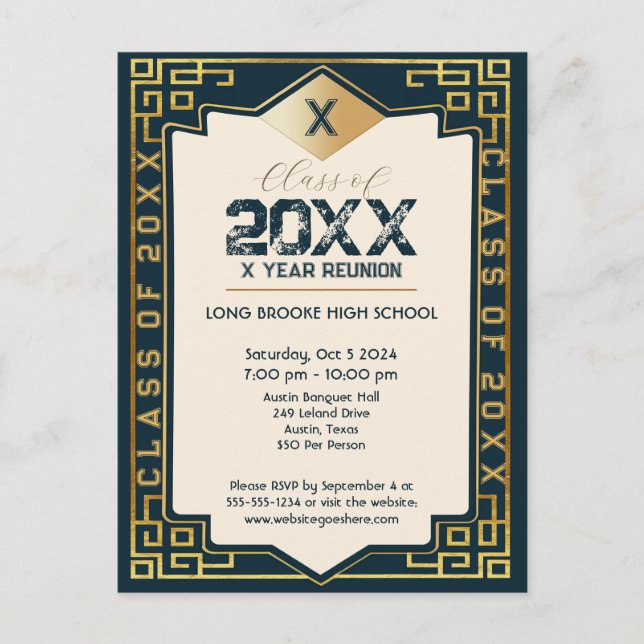 Art Deco "Class" Ihr Jahr High School Wiedersehen Postkarte (Vorderseite)