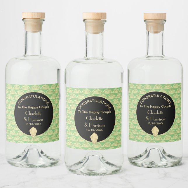 Art Deco Classy Green Black Gold Hochzeit Alkoholflaschenetikett (Flaschen)