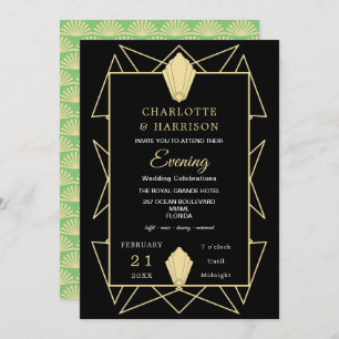 Art Deco Classy Green Gold Abend Hochzeit Einladung