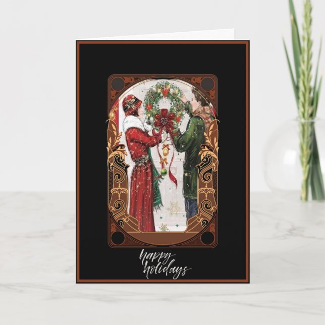 Art Deco Couple Hangwraath Weihnachtskarte Karte (Vorderseite)