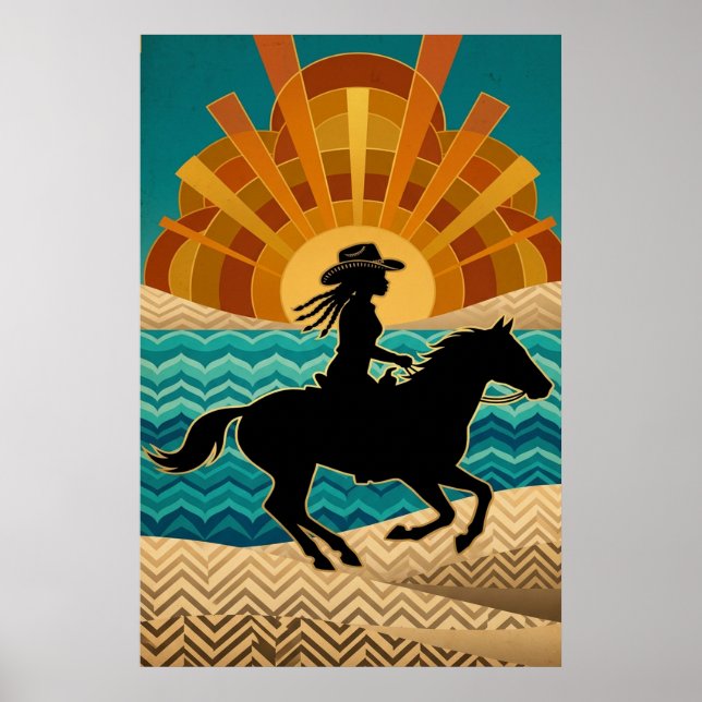 Art Deco Cowgirl Horse Sunset Teal Orange Poster (Vorne)