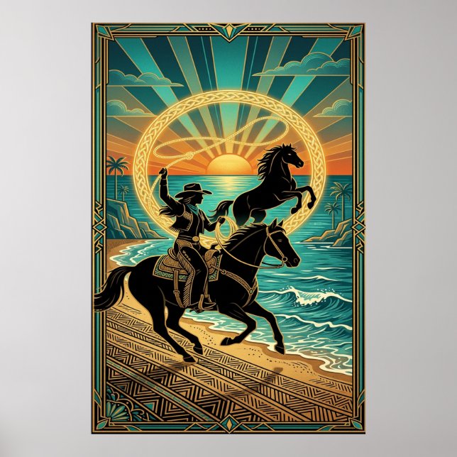 Art Deco Cowgirl Lasso Horse Beach Sunset Poster (Vorne)