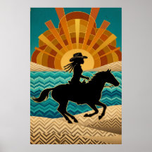 Art Deco Cowgirl Pferd Sonnenuntergang Türkis Oran