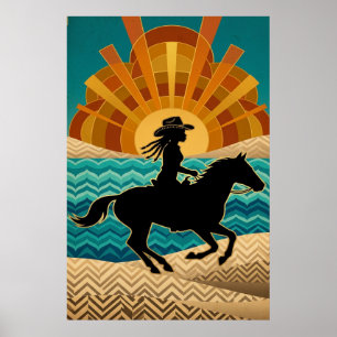 Art Deco Cowgirl Pferd Sonnenuntergang Türkis Oran Poster