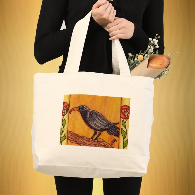 Art Deco Crow and Rose Bag Jumbo Stoffbeutel (Black Crow on Branch bordered with Red abstract flowers on stems golden background on tote bag.)