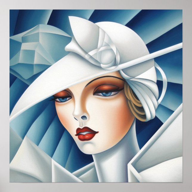 Art Deco Cubism Blue Eyes Frauenportrait Poster (Vorne)