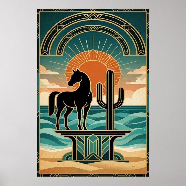 Art Deco Cubist Woman Celestial Sunburst Gold Teal Poster (Vorne)