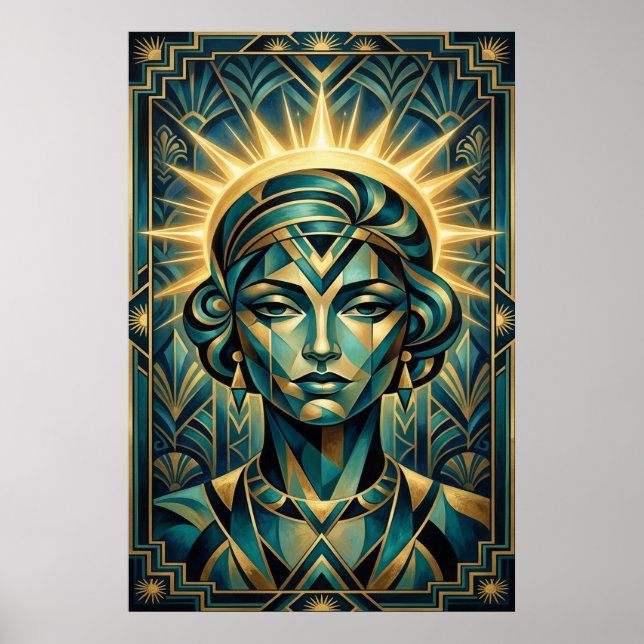 Art Deco Cubist Woman Sunset Gold Teal Poster (Vorne)