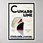 Art Deco Cunard Line Poster<br><div class="desc">Vintages Art Deco Reiseplakat für die transatlantischen Dienste einer Cunard Line in französischen Werbesegeln für "Etats-Unis et Canada par Cherbourg et Le Havre"</div>