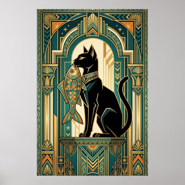 Art Deco Curtain Climbing Cat Wall Art Poster (Vorne)