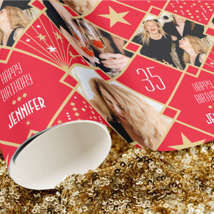 Art Deco Custom Age Name & Fotos Geburtstag Rot Geschenkpapier