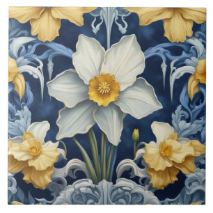 Art Deco Daffodil Blume Jugendstil Blau Fliese