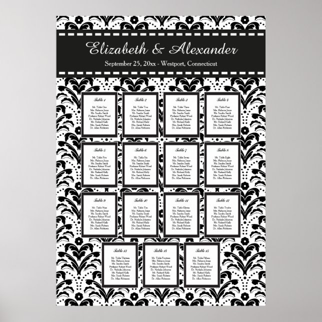 Art Deco Damask Hochzeit 15 Tafelsitzkarten Poster (Vorne)